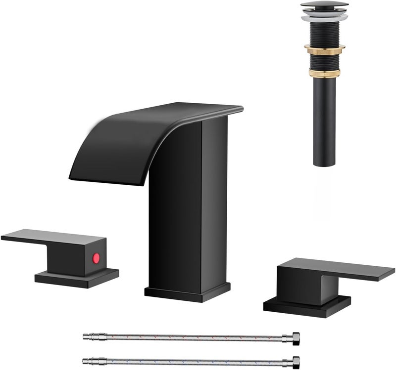 AVSIILE Matte Black Waterfall Bathroom Faucet 3 Hole, 8 Inch Widespread Modern 3 Piece Bathroom Sink Faucet, Touch On Lavatory Faucet for Vanity RV Restroom, Curved Spout - Image 1